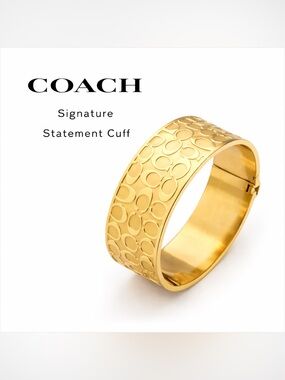 Coach Signature Gold Tone Wide Bangle Bracelet Hinged C Logo